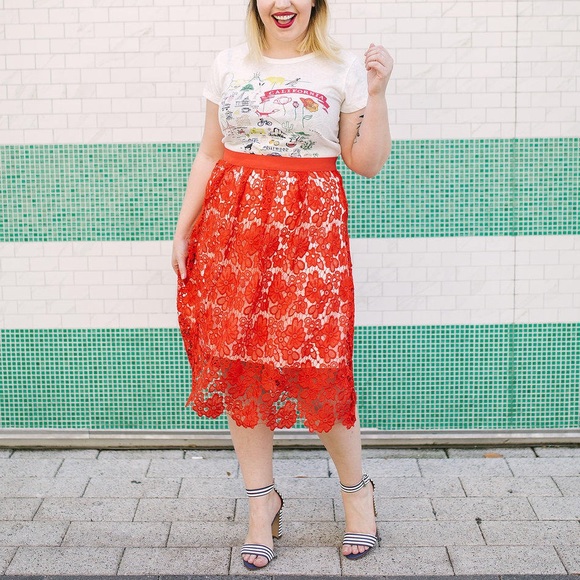 Maison Jules Dresses & Skirts - Eyelet lace cutout Midi skirt in red/orange/tomato